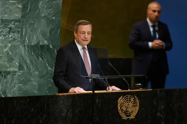 Prime Minister of Italy Mario Draghi addresses the 77th session of the United Nations General Assembly, at U.N. headquarters, Tuesday, Sept. 20, 2022. (AP Photo/Jason DeCrow)