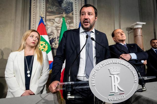Quirinale, maggio 2018. Giorgia Meloni, Matteo Salvini e Silvio Berlusconi all'uscita del terzo giro di consultazioni del presidente della Repubblica Foto LaPresse