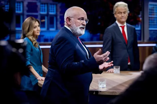 VVD leader Dilan Yesilgoz, GroenLinks/PvdA Frans Timmermans and PVV Geert Wilders during the election debate. Ph Ansa