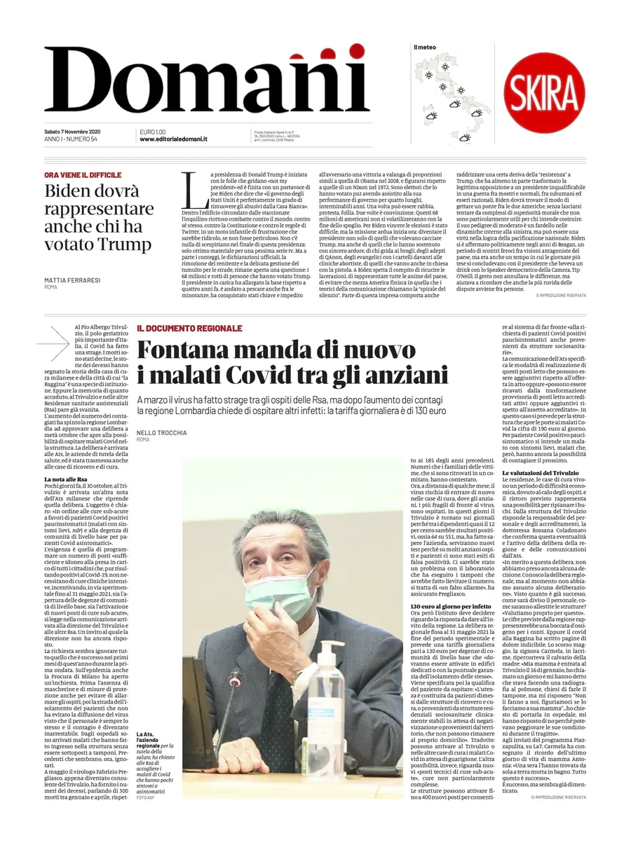 Una selezione fra le prime 100 prime pagine di Domani, dal 15 settembre al 23 dicembre 2020