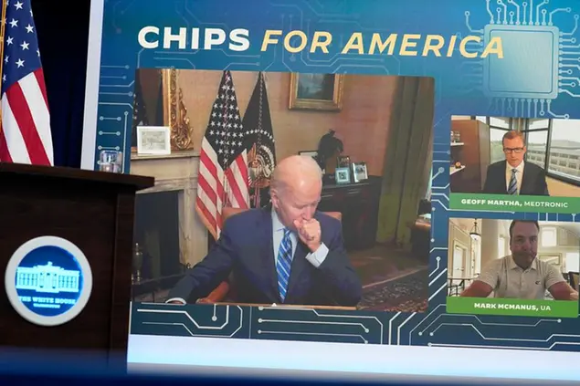 President Joe Biden coughs as he speaks virtually during an event in the South Court Auditorium on the White House complex in Washington, Monday, July 25, 2022. Biden, who continues to recover from his coronavirus infection, spoke virtually with business executives and labor leaders to discuss the Chips Act, a proposal to bolster domestic manufacturing. (AP Photo/Susan Walsh)