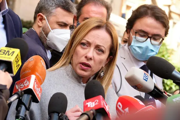 Foto Mauro Scrobogna /LaPresse 28–10-2021 Roma, Italia Politica Referendum Cannabis - punto stampa Meloni FDI Nella foto: La leader di Fratelli d’Italia Giorgia Meloni durante la conferenza stampa per annunciare la mobilitazione di FDI contro la legalizzazione della cannabis Photo Mauro Scrobogna /LaPresse October 28, 2021\\u00A0 Rome, Italy Politics Cannabis referendum - press point Meloni FDI In the photo: The leader of Fratelli d'Italia Giorgia Meloni during the press conference to announce the mobilization of FDI against the legalization of cannabis